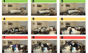 Group of nine photographs showing the same bedroom with different levels of clutter.
