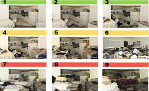 Group of nine photographs showing the same kitchen with increasing levels of clutter.