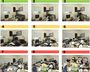 Group of nine photographs showing the same bedroom with increasing levels of clutter.